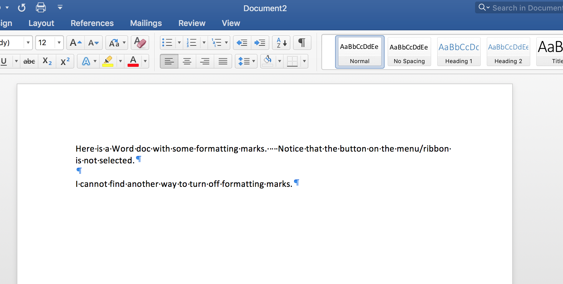 remove paragraph marks in microsoft word for mac document